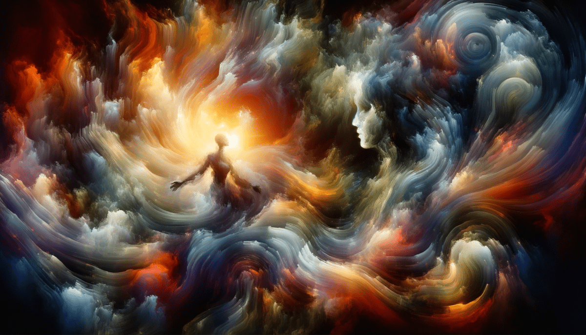 The image captures the complex emotions of a narrator who isn't being completely honest, embodying the tension between authenticity and pretense. It features a swirling mix of colors where warm and cool tones clash, symbolizing the internal conflict between truth and deception. Vague, semi-transparent shapes suggest a human figure obscured by the chaotic environment, evoking a sense of unease and ambiguity.