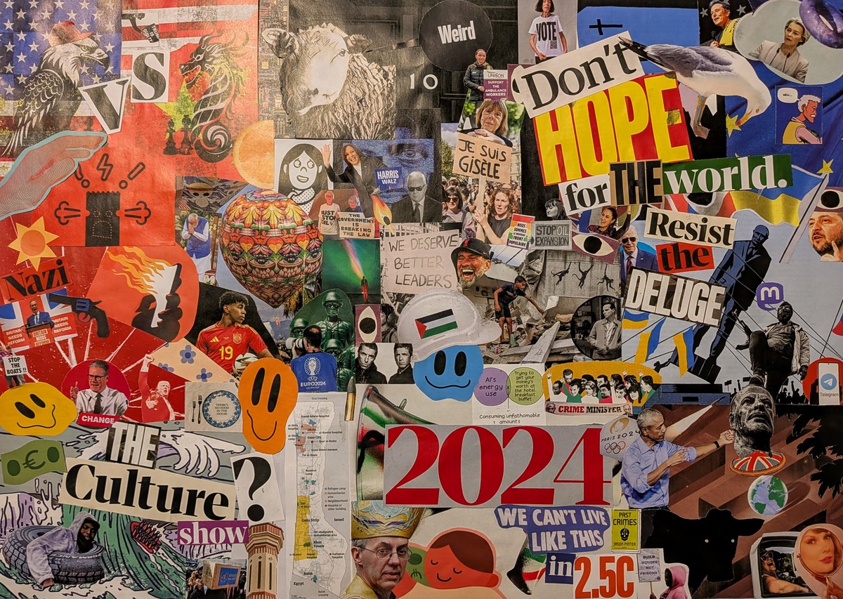 Collage made out of photographs, illustrations, and words cut out of issues of 'The Guardian Weekly'