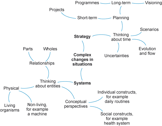 Spray diagram showing thoughts around definitions of 'strategy' and 'systems'