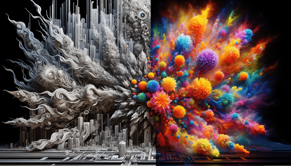 On one side, there is an explosion of hyper-vivid, surreal organic forms in a kaleidoscope of ultra-bright, neon colors, representing the full force of human emotions in their most extreme expression. The forms are so intense and lively that they seem to leap out of the image. The opposite side presents the zenith of sterile, mechanical coldness: a stark, lifeless landscape of rigid, ultra-precise geometric shapes and complex machinery in grayscale, symbolizing an absolute void of emotion and type of dystopia. The dramatic disparity between the two sides creates a powerful visual shock, emphasizing the extreme dichotomy between unbridled emotional expression and absolute emotional suppression. 