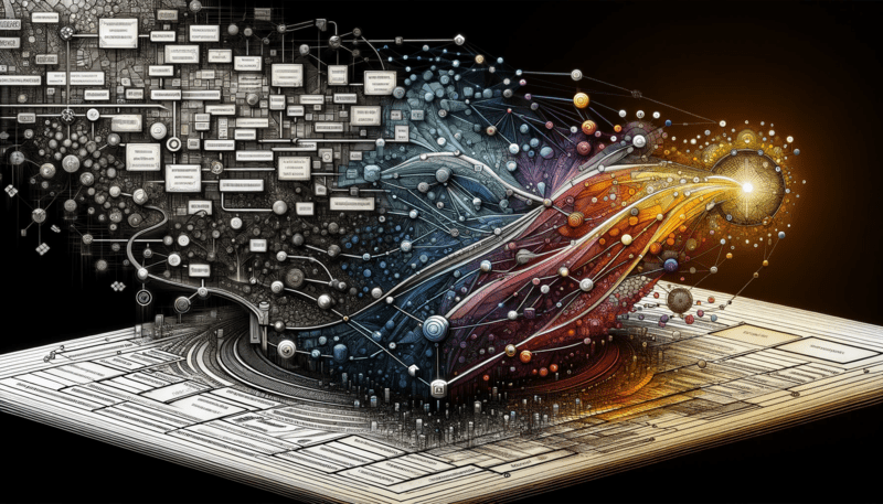 Abstract image depicting a fluid transition from a structured learning contract to a dynamic, interconnected system. On the left, a monochromatic, orderly table with words and linear elements gradually blends into a vivid, complex network of interconnected nodes and colorful pathways on the right. This seamless transformation symbolizes the evolution from systematic to systemic thinking, highlighted by the subtle shift in color palette from muted tones near the table to vibrant hues in the network, representing the growing complexity and depth of understanding.