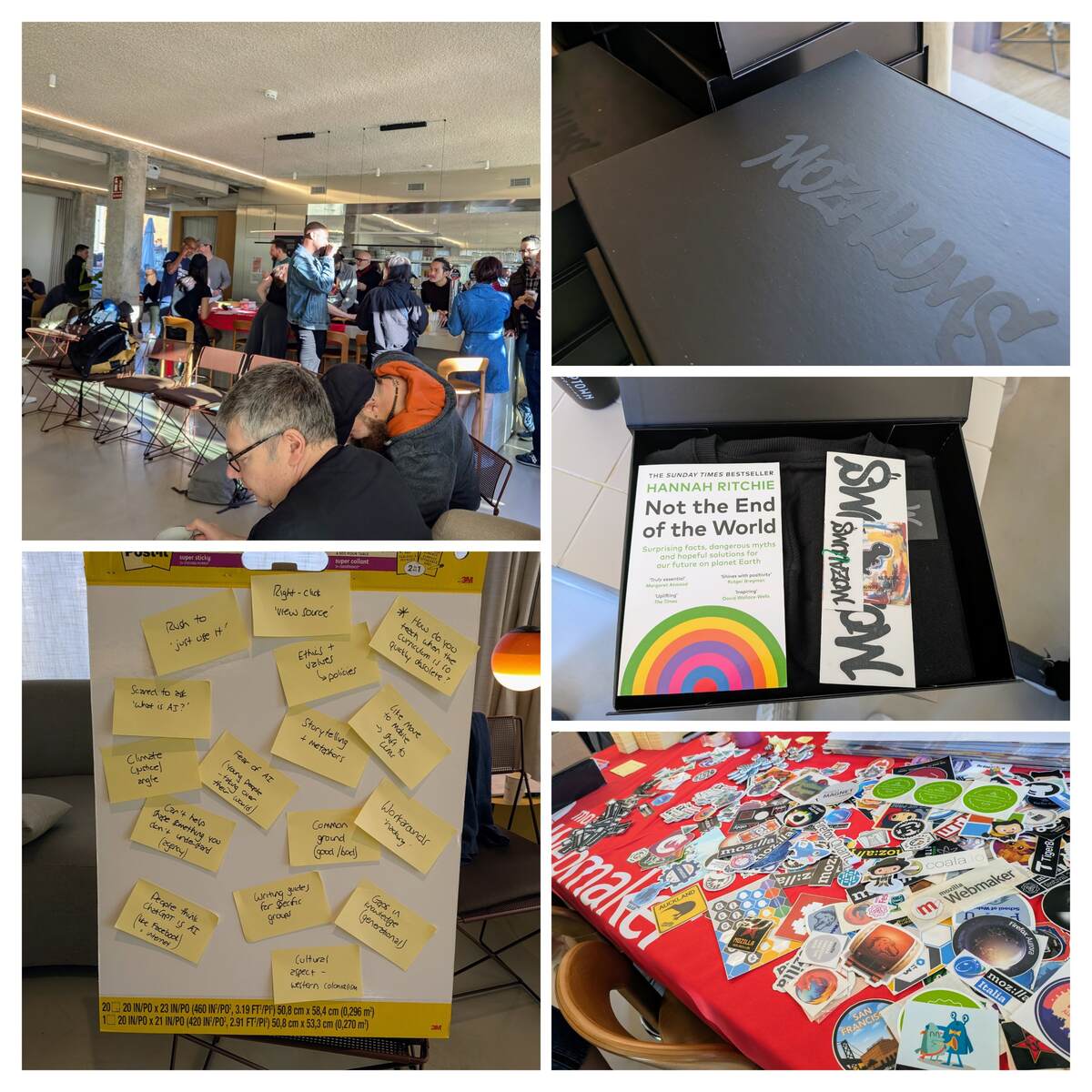 A collage of photos from the MozAlums event showing people, stickers, swag, and post-its