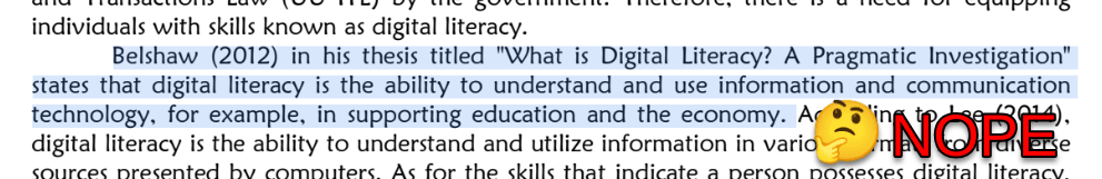 Emoji symbol and word 'NOPE' next to a spurious definition of digital literacy attribute to me.