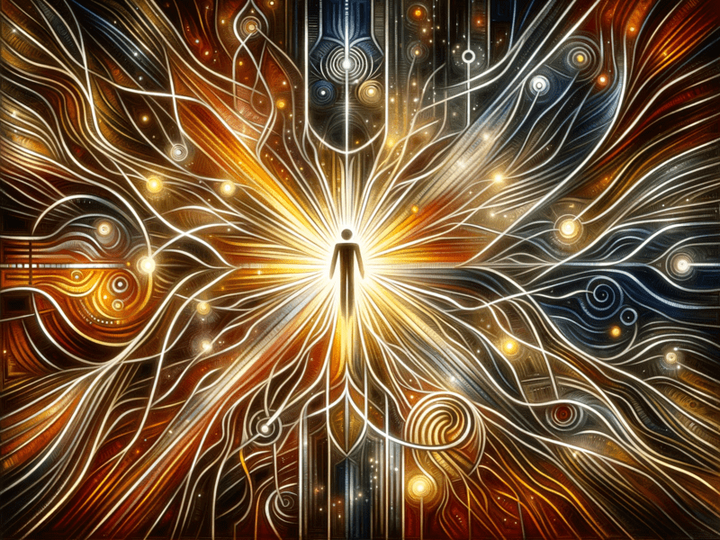 a more prominent central human-like figure, surrounded by detailed patterns of interaction. It conveys a strong sense of unity and collaboration, emphasizing the richness of human connections in leadership. 