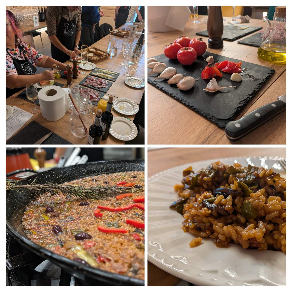 Various photos showing paella being made