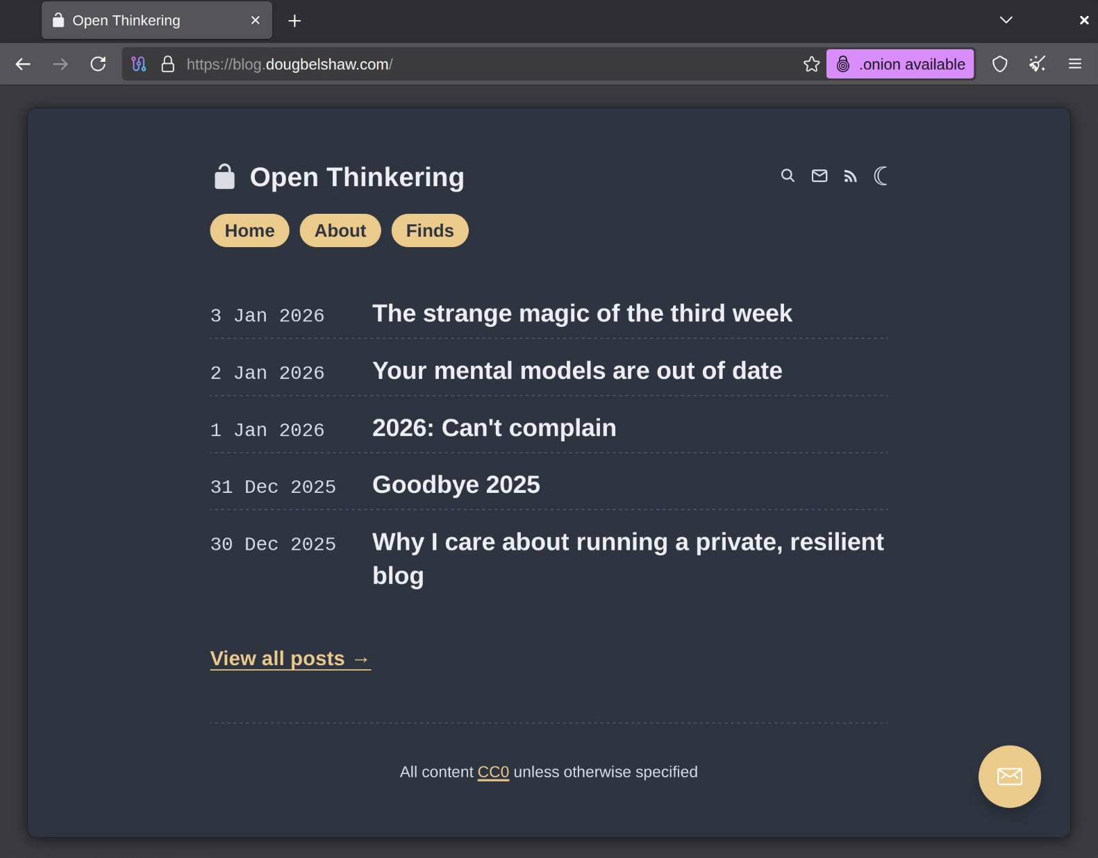 Open Thinkering in the Tor Browser with ".onion available" showing in the address bar