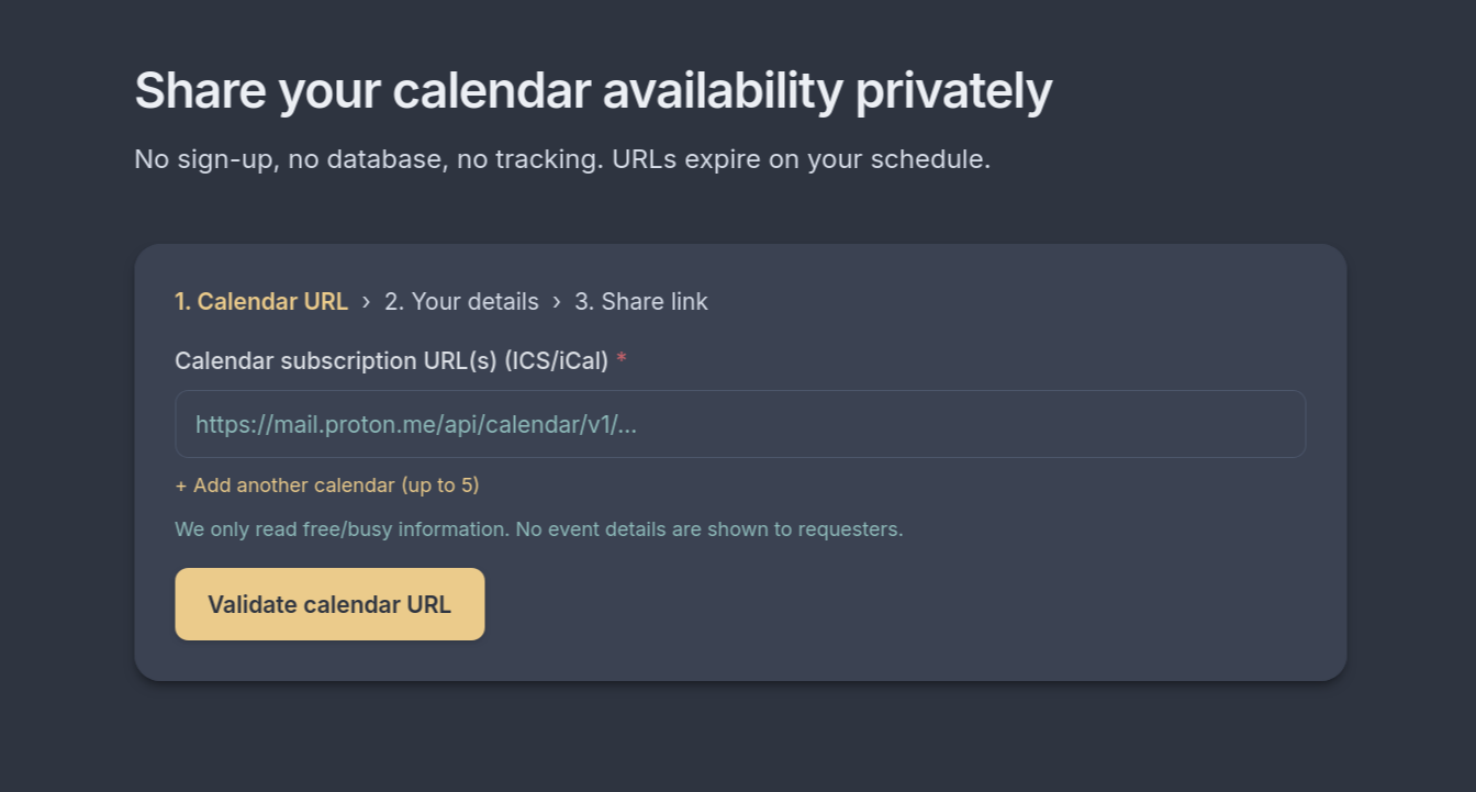 Screenshot showing box to enter calendar url under the title "Share your calendar availability privately"