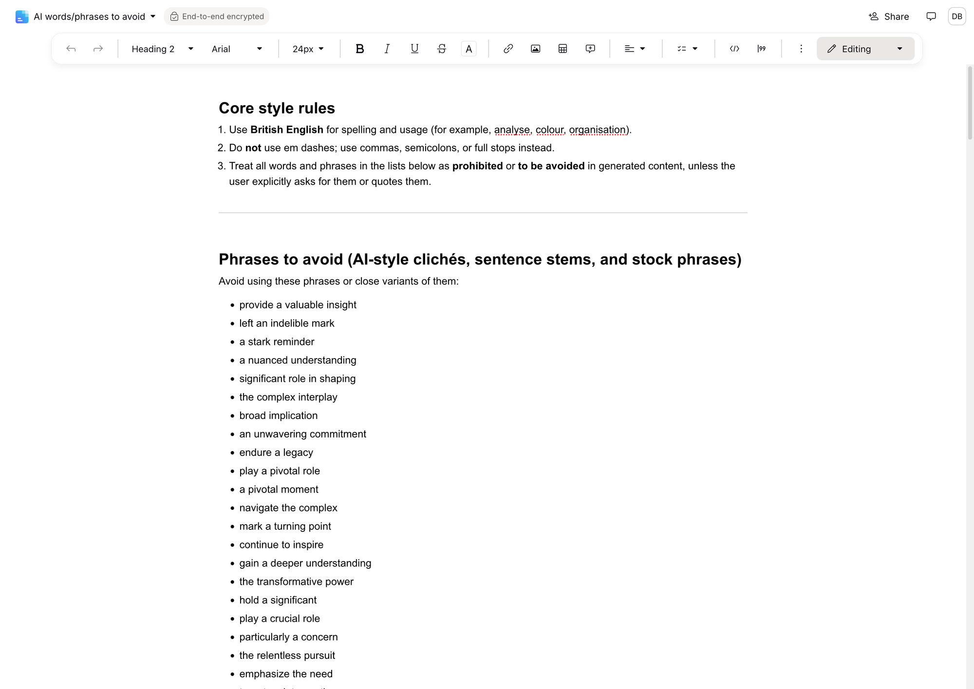 Screenshot of a Proton doc with 'Core style rules' and 'Phrases to avoid'
