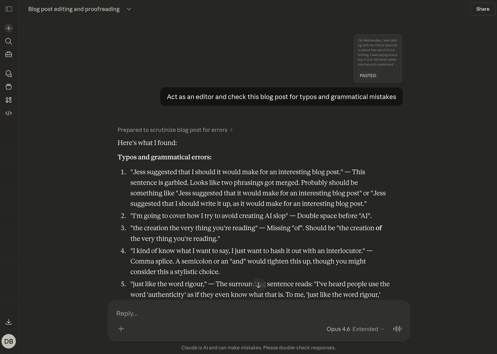 Screenshot of Claude giving feedback