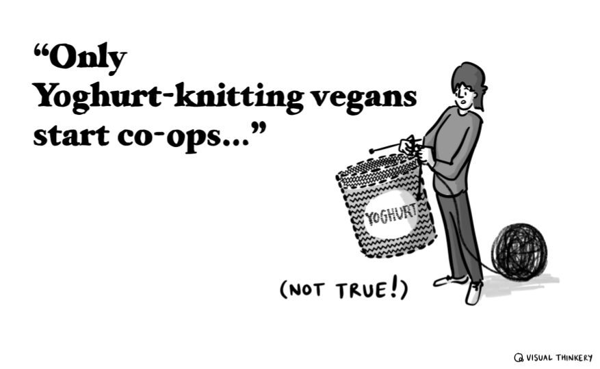 Someone knitting a yogurt pot. The caption reads: "Only Yogurt-knitting vegans start co-ops..." (NOT TRUE!)