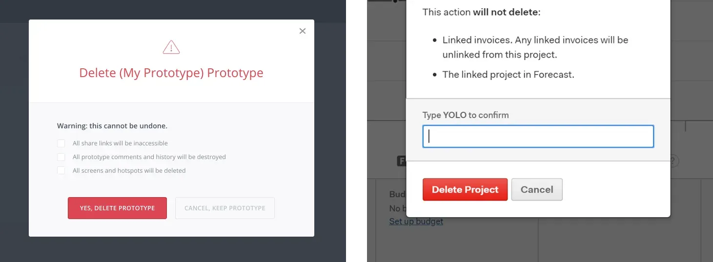Two screenshots warning the user about the consequences of deletion, forcing them to tick boxes or enter text to delete something