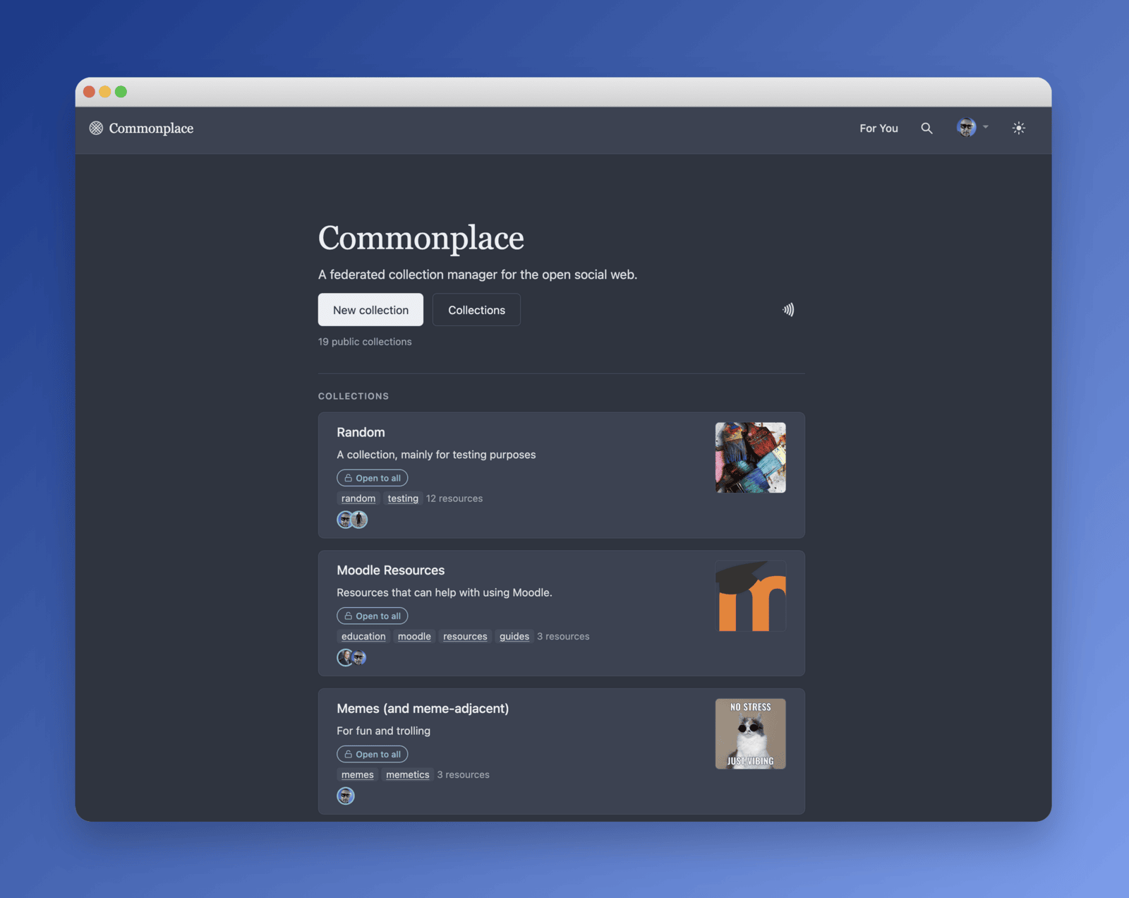 Screenshot of the 'home' page for a Commonplace instance