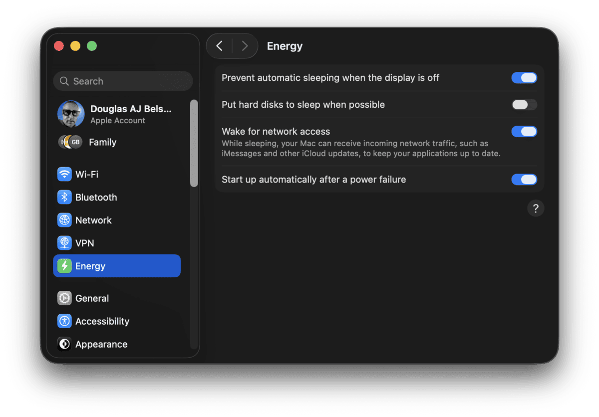 macOS system settings showing options for the Mac Mini to sleep as "off"