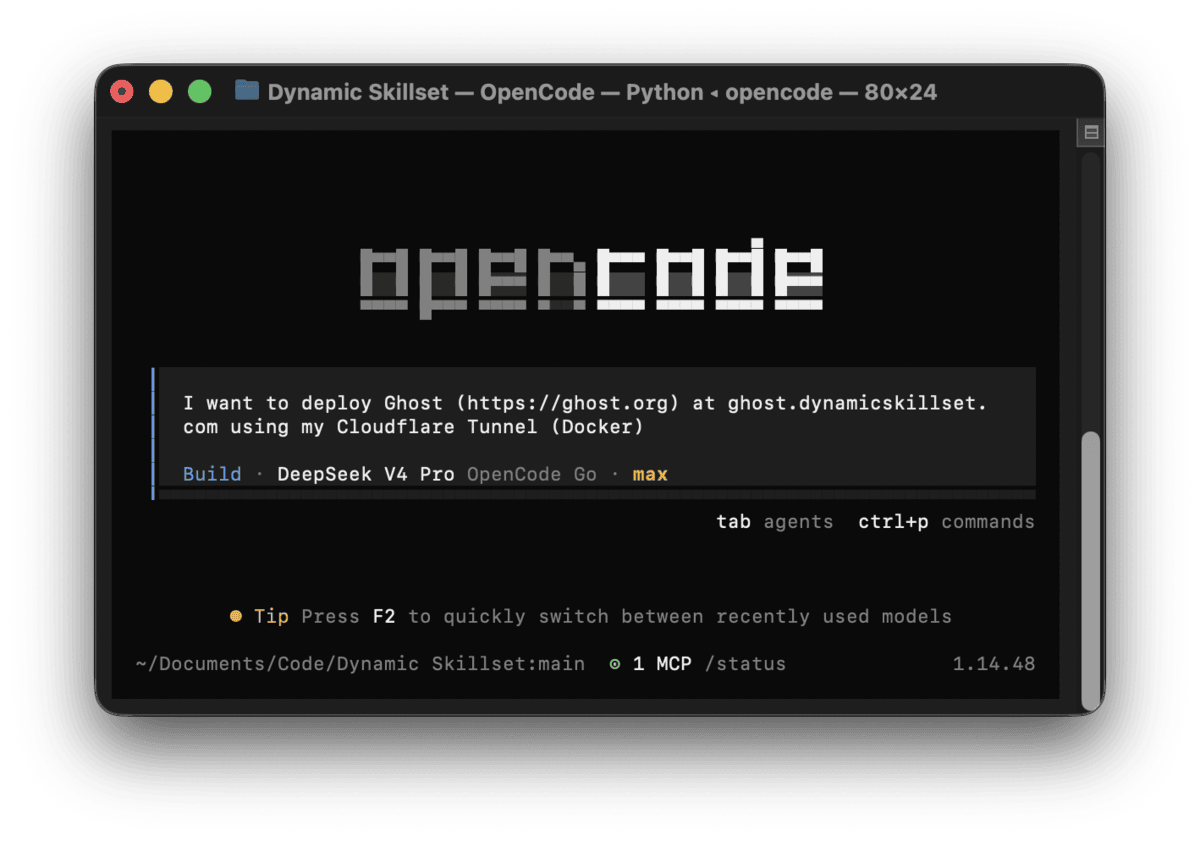 Screenshot of OpenCode with a request to deploy Ghost at a subdomain via Cloudflare Tunnel