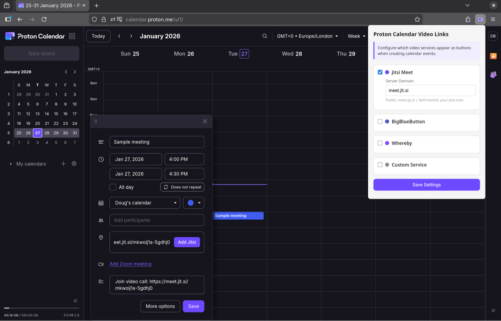 Screenshot of the Proton Calendar Video Links extension showing both the configuration menu and button in the new event flow