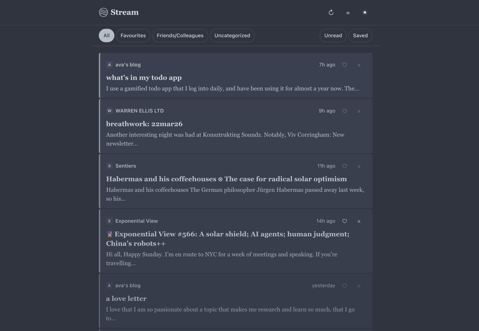 Screenshot of the 'Stream' RSS reader