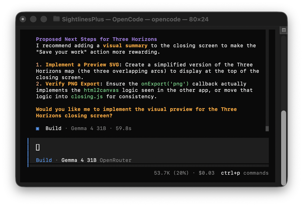 Screenshot of macOS Terminal running OpenCode and Gemma 4 31B