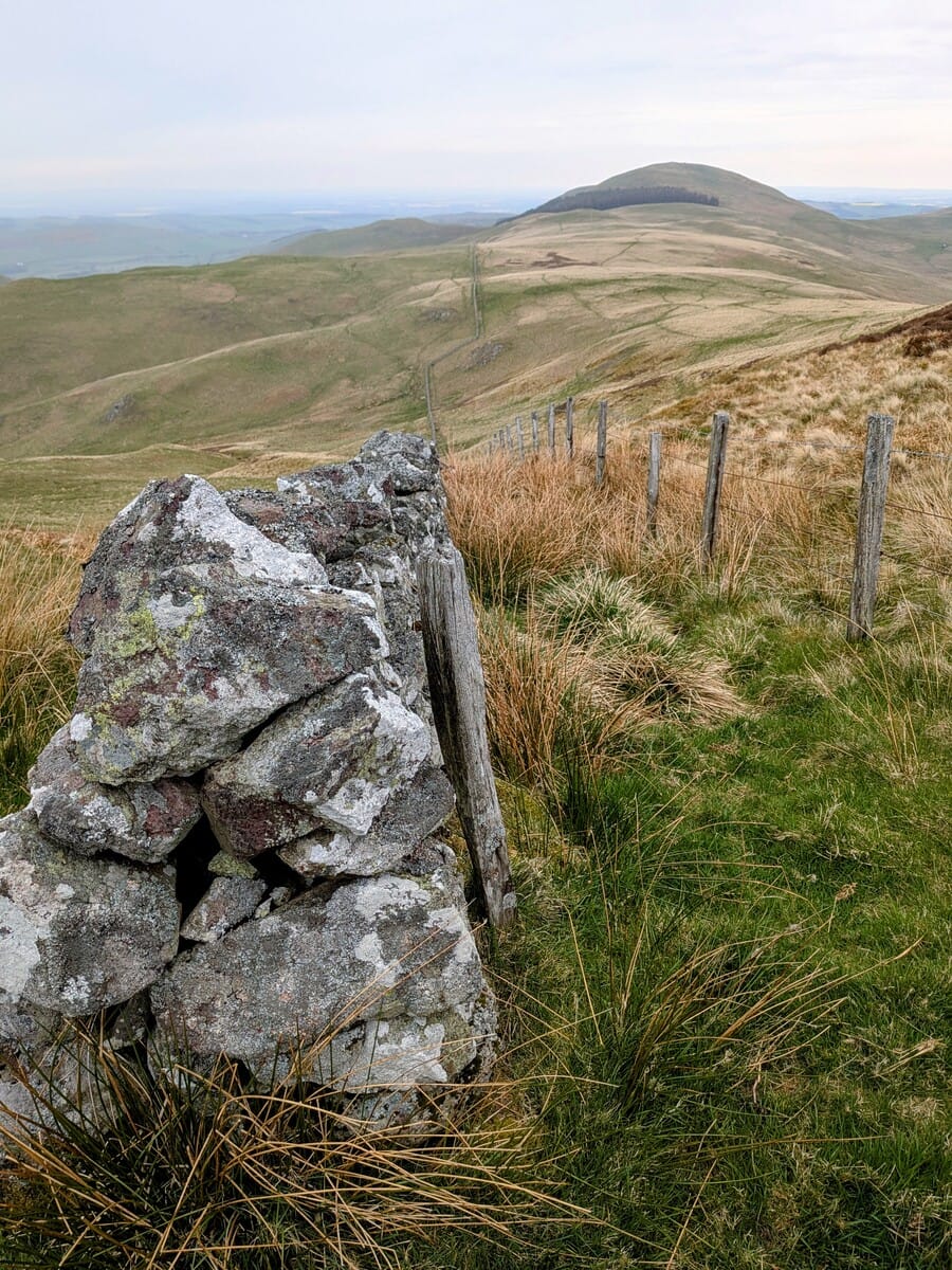 Photo of a dry stone wall and fence receding into the distance with rolling hills in the background