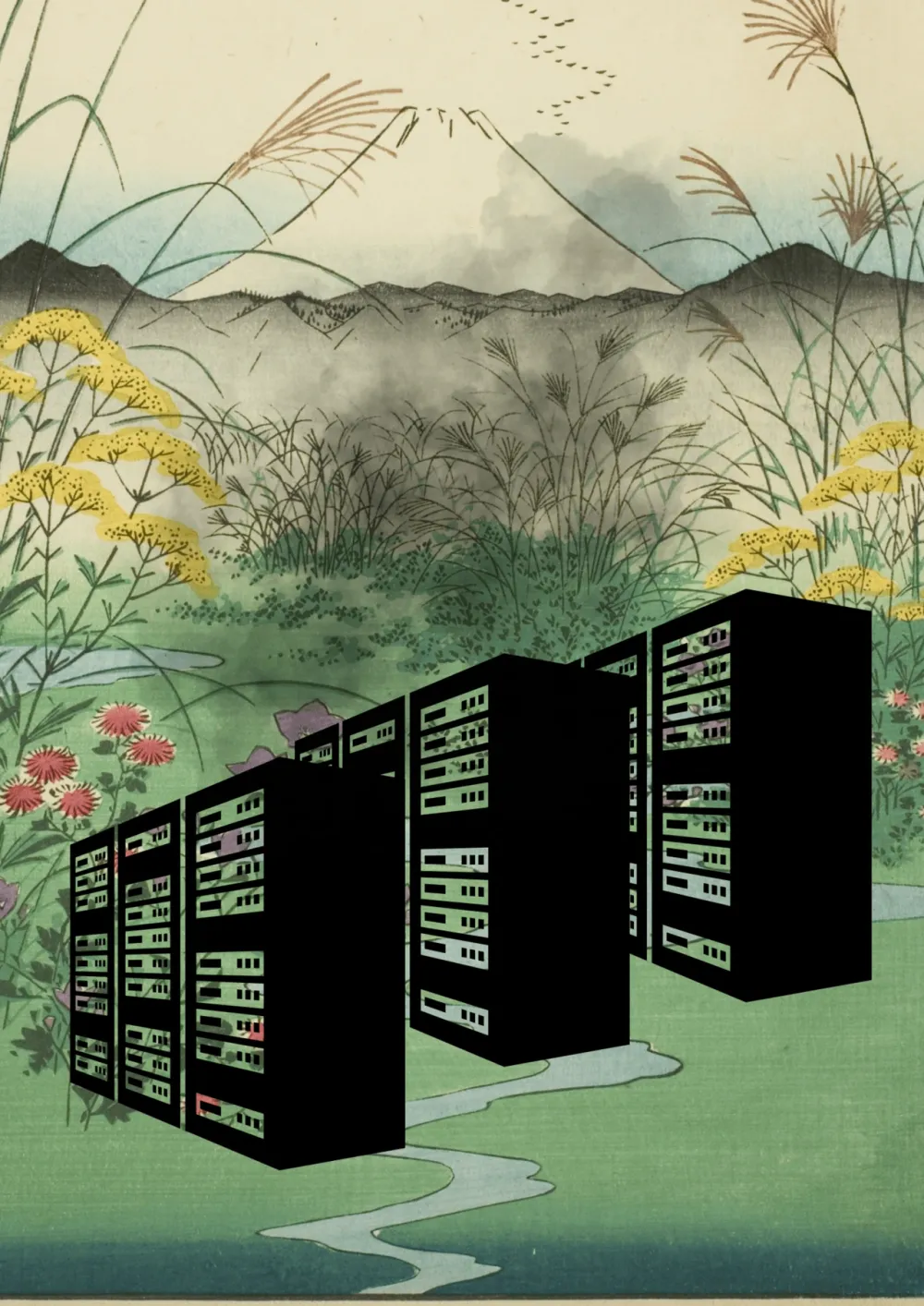 A collage of a Japanese vintage landscape and 3 large black data servers emitting a cloud of smoke