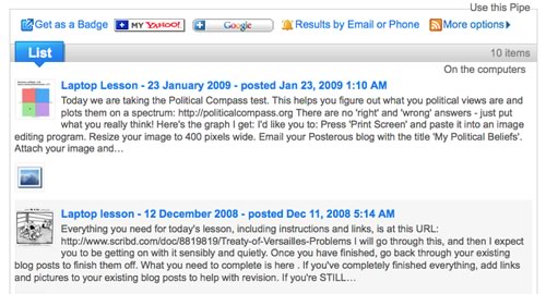 Google Sites 'announcements' page in Yahoo! Pipes