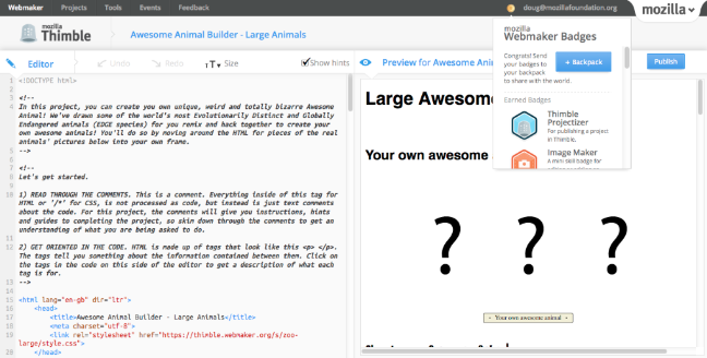 Webmaker badges in Thimble