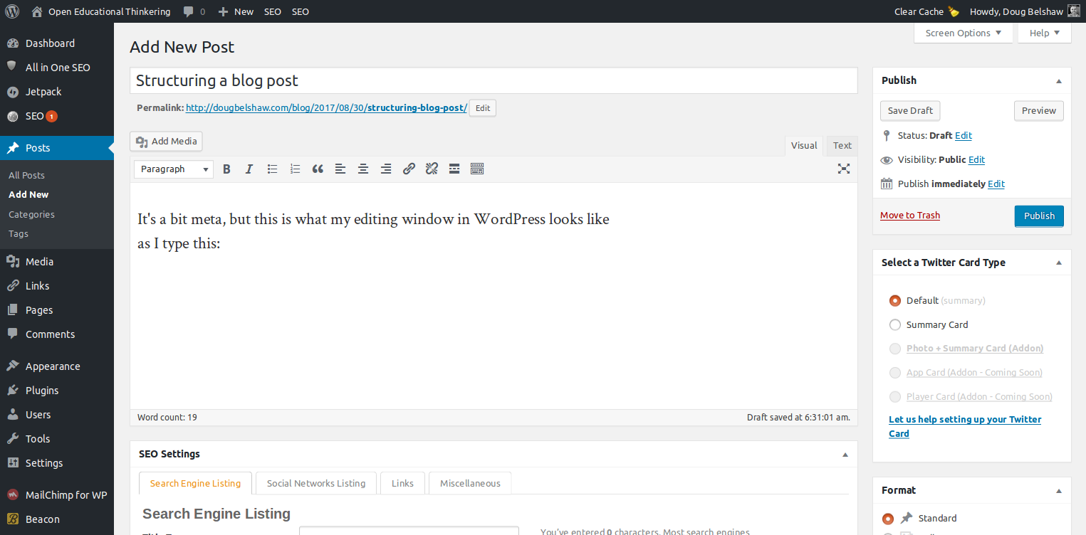 WordPress editor window