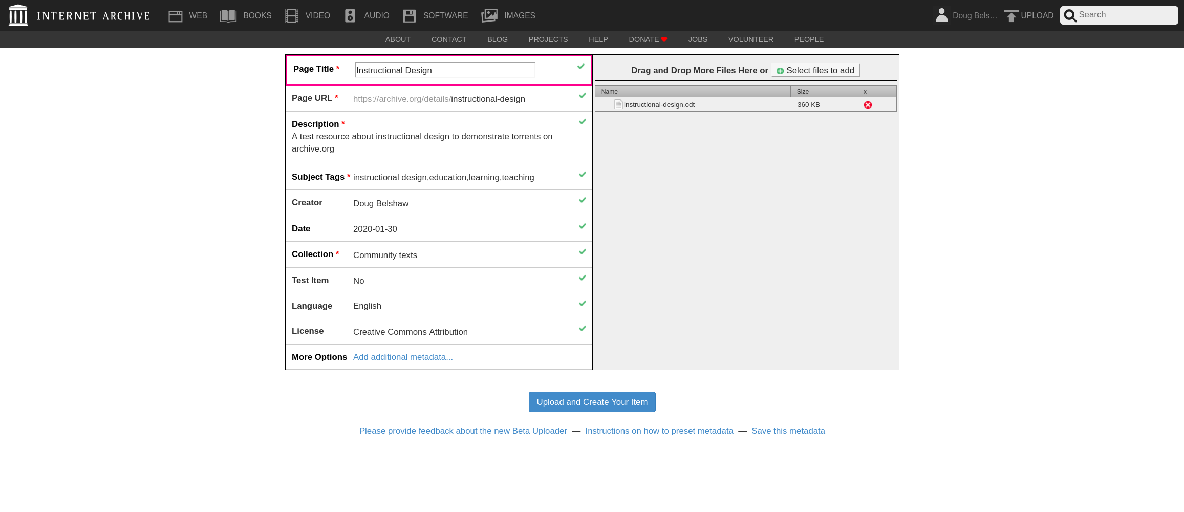 Enter metadata to archive.org