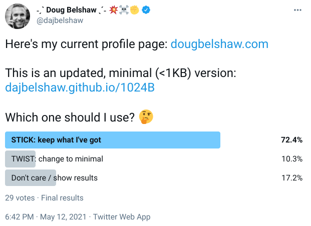 Poll showing 72.4% of respondents voting for 'STICK: keep what I've got'

10.3% - 'TWIST: change to minimal'
17.2% - 'Don't care / show results'