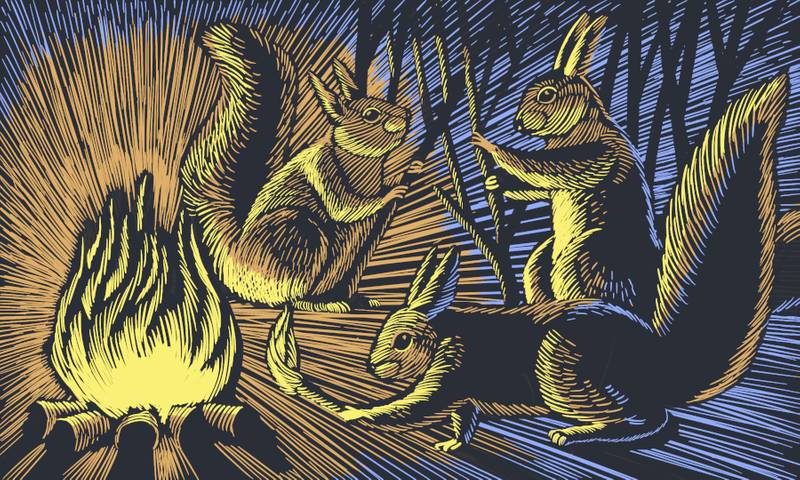 Squirrels around a bonfire