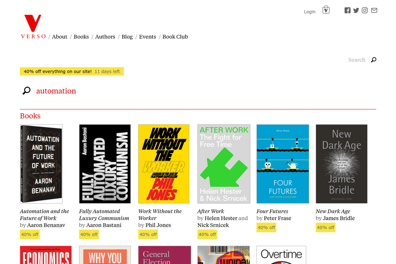 Screenshot of the Verso books website showing the results of a search for 'automation'
