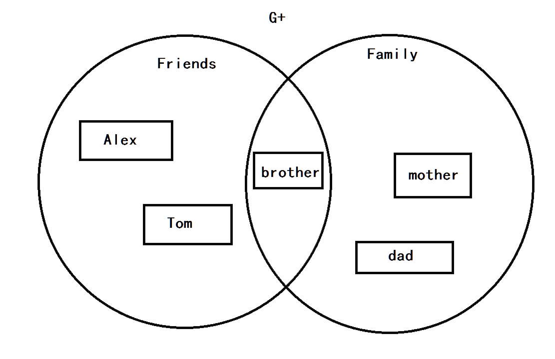 Venn diagram showing 'Friends' and 'Family' with 'brother' in the overlap