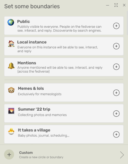 Screenshot showing different 'boundaries' over and above the usual (e.g. 'Memes & lols', 'Summer '22 trip' and 'It takes a village')