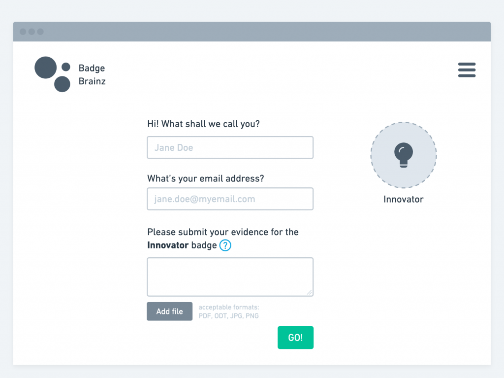 A form asking for the applicants name, email address and evidence in support of their submission for the 'Innovator' badge