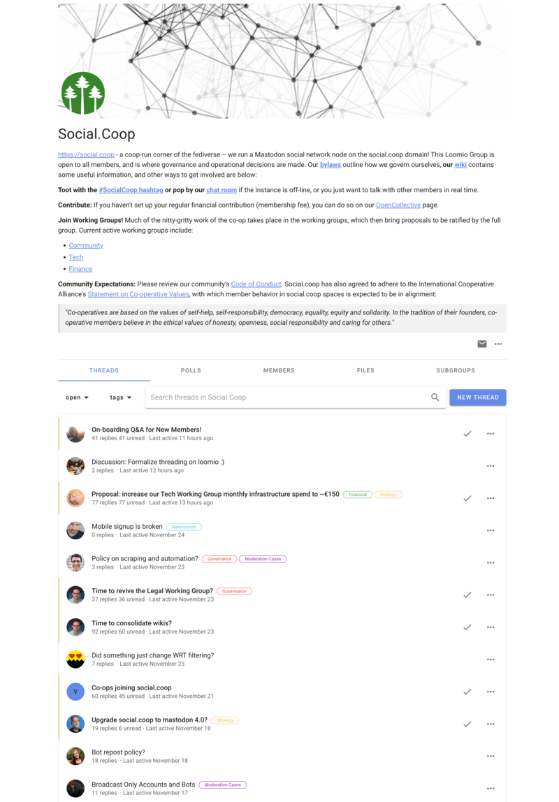 Screenshot of the Loomio for social.coop with multiple discussion threads