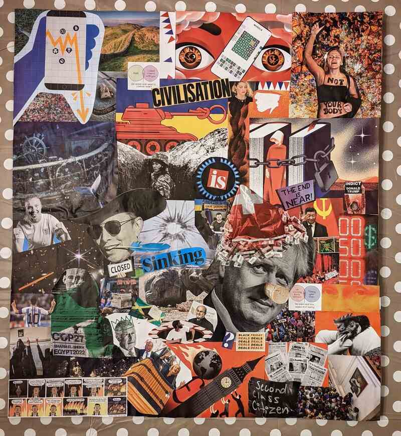 Collage made up of images taken from issues of The Guardian Weekly in 2022. The text says "Civilization is Sinking".
