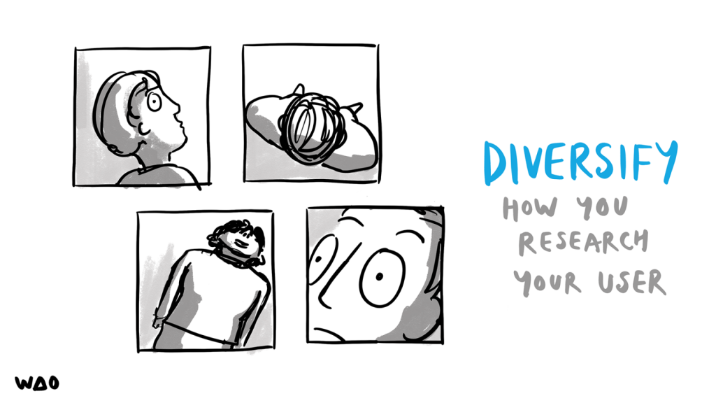 Close-ups of a person with text 'Diversify how you research your user'