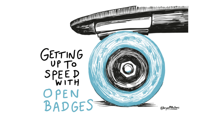 Close-up of skateboard wheel with text 'Getting up to speed with Open Badges'