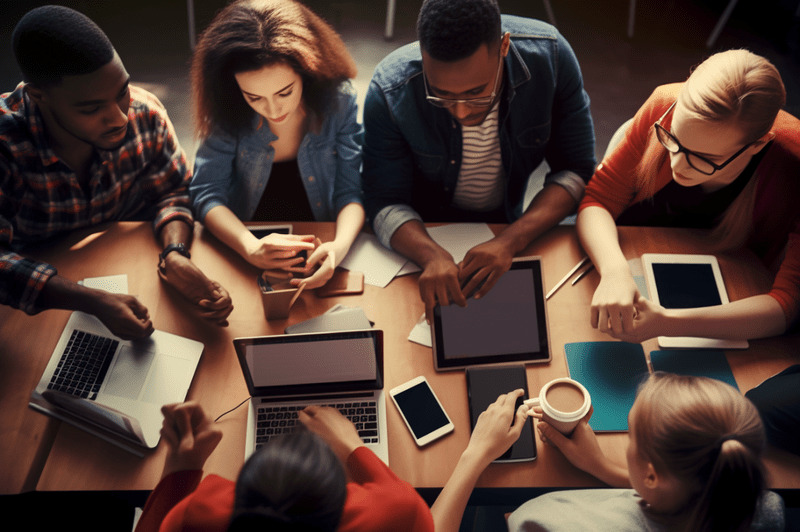 AI-created image of a diverse group of people collaborating while sitting around a table 