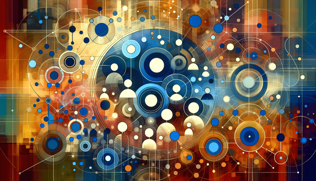 DALL-E 3 created abstract image of Communities of Practice (CoP), artistically representing the concepts of collective learning, the evolution of involvement in CoPs, and the 'middle way' between groups and networks within the context of CoPs.