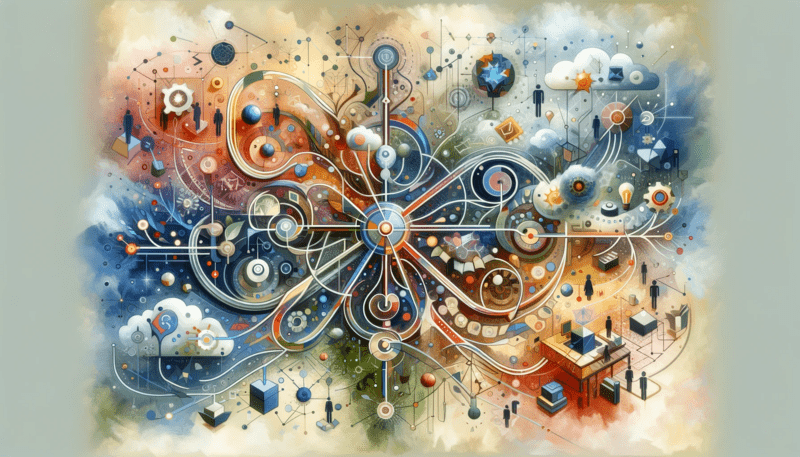 DALL-E 3 created abstract image representing the concept of systemic inquiry and personal reflection on managing systemic change. It visually captures the complex network of interconnected paths, embodying decision-making processes, problem-solving approaches, and the balancing of different life roles. The elements within the image suggest themes of communication, collaboration, diverse viewpoints integration, stress management, and personal habits, all contributing to a holistic perspective on systemic thinking. This image encapsulates the dynamics of personal and professional life within the realm of systems thinking.

