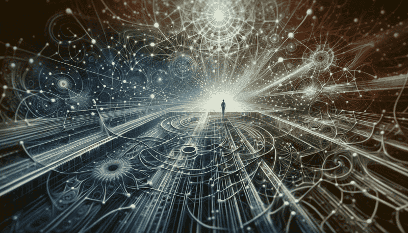 This image illustrates the concept of setting boundaries in systems thinking. It portrays an individual making choices and connections within a vast, intricate network, emphasizing the depth and complexity of systems interactions. The network is multi-layered and complex, symbolizing the careful consideration required in defining system boundaries.