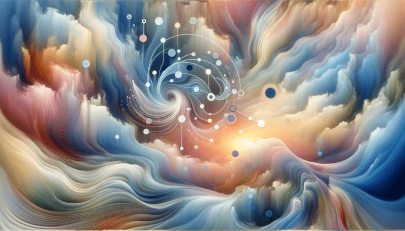 This abstract image reflects a vision of a flourishing society, where balance and harmony are paramount. It features soft, flowing forms and tranquil colors, interspersed with dynamic elements symbolizing social change. The image includes subtle representations of feedback loops, emergence, and systemic interventions, symbolizing the complex interactions and simple actions that lead to societal transformation.