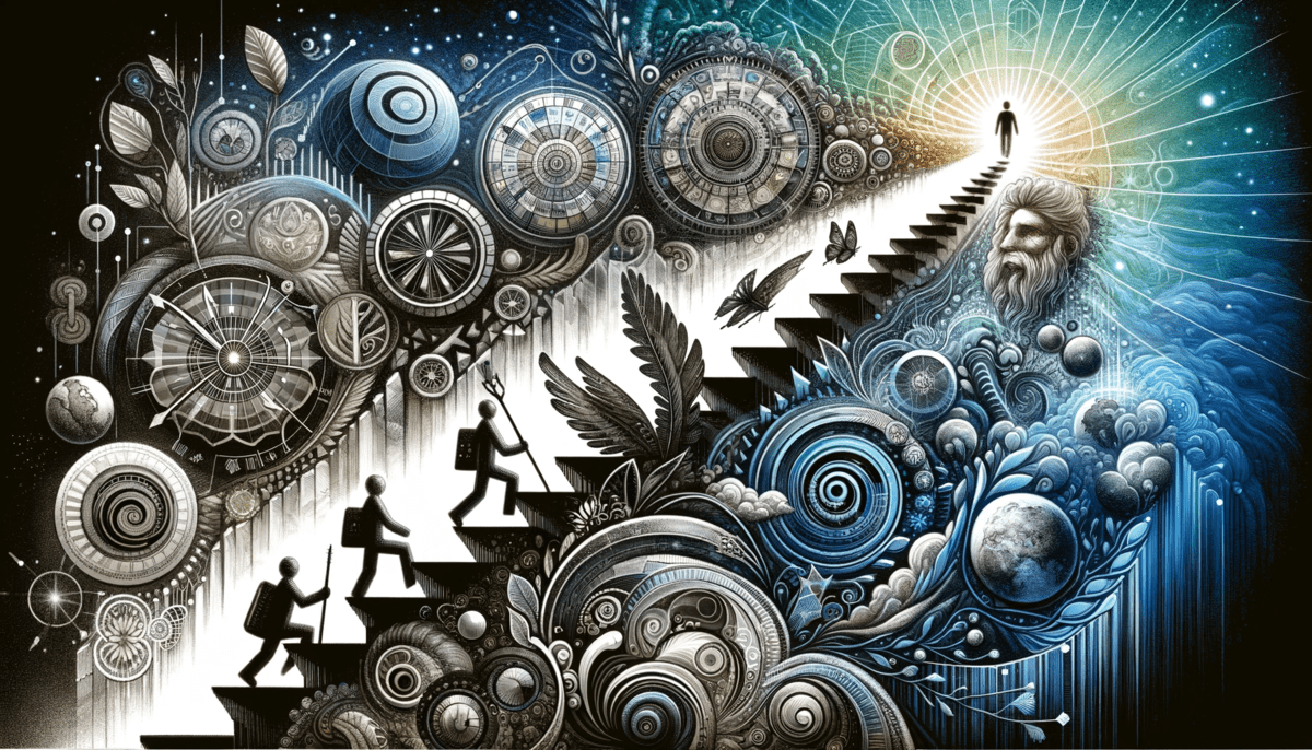 An abstract depiction of the journey of storytelling, reflecting the transition from past experiences to anticipated future narratives. This image symbolizes the importance of stories in personal and professional growth and captures the shift in storytelling techniques and their impact on identity formation and worldview, in line with Systems Thinking in Practice.