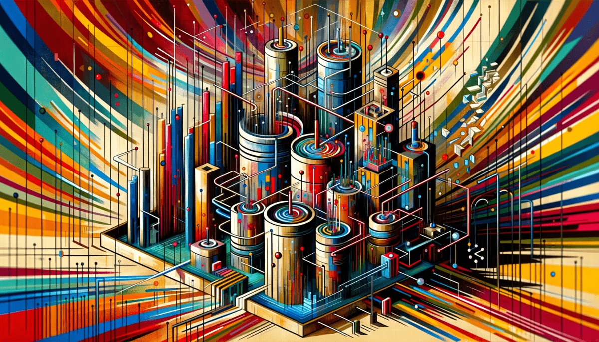 This abstract image vividly represents the concept of a system-determined problem. It features a complex, dynamic composition with entangled lines and structured elements, symbolizing the rigidity and constraints within hierarchical organizations and governments. The use of vibrant colors and varied shapes illustrates the intricate and often perplexing nature of institutionalized systems that resist change. The absence of text in the image emphasizes the visual metaphor of entrenched practices and the perpetuation of existing problems through inflexible structures and practices.