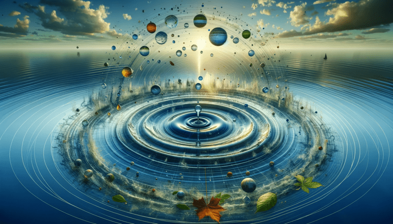 A serene water surface with a single drop creating expanding ripples. The initial drop in the center has a dynamic impact, with ripples radiating outward. The water is in varying shades of blues and greens. Floating objects, like leaves and small boats, in contrasting colors, are scattered across the water, interacting with the ripples. The scene conveys a reflective and expansive mood, indicative of broader impacts and interactions within a system.