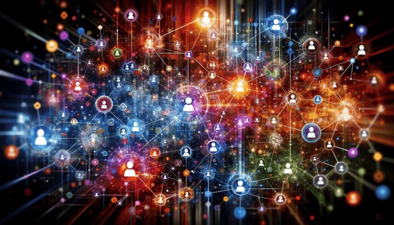 An abstract digital representation of a network of diverse social relationships. It features interconnected nodes symbolising people, digital communication methods like messages, and family connections. The nodes are linked with lines, depicting the complex web of interactions within various systems, including family, student cohorts, and online communities. The image uses vibrant colors, emphasizing the dynamic and multifaceted nature of social relationships within these systems.