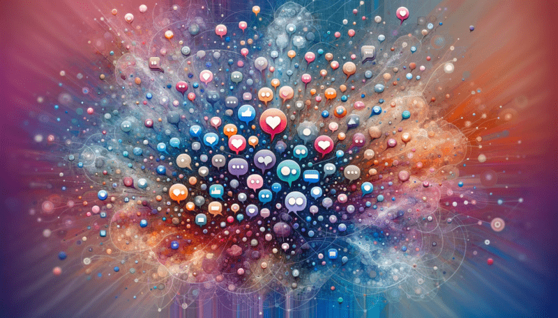 An image featuring an expanded array of floating speech bubbles in vibrant and muted colors, interconnected with delicate, web-like lines against a vivid pastel-hued background. The composition dynamically fills the entire frame, effectively conveying the complex network of social media interactions.