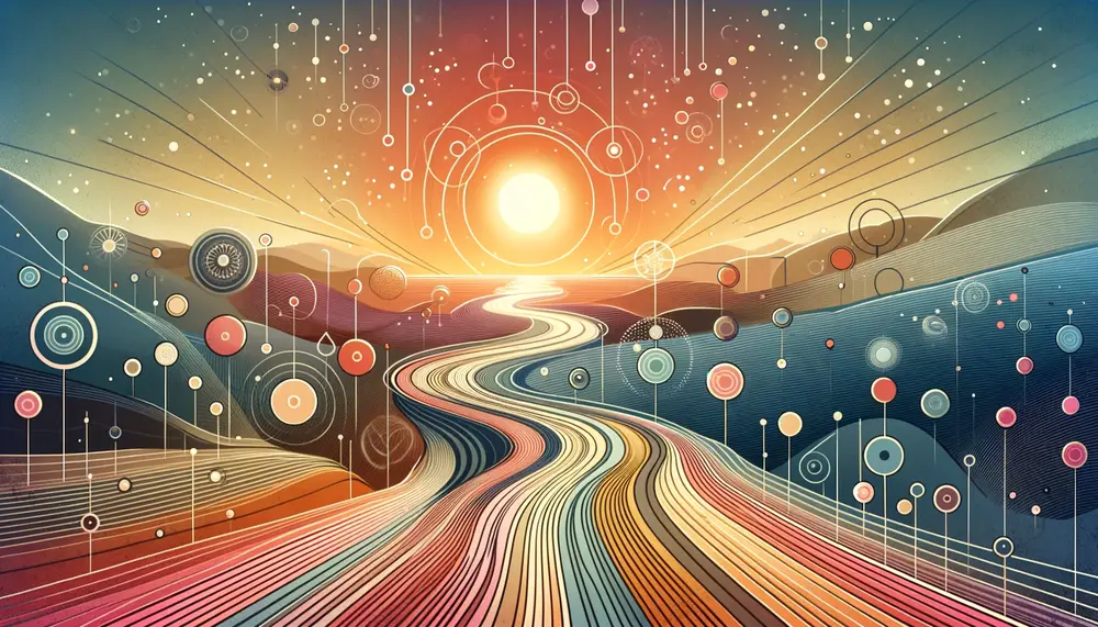 An abstract, minimalist concept art piece representing the journey of discovery in CSLS, featuring a path through interconnected circles towards enlightenment symbolised by a radiant sun, evoking progress and optimism.