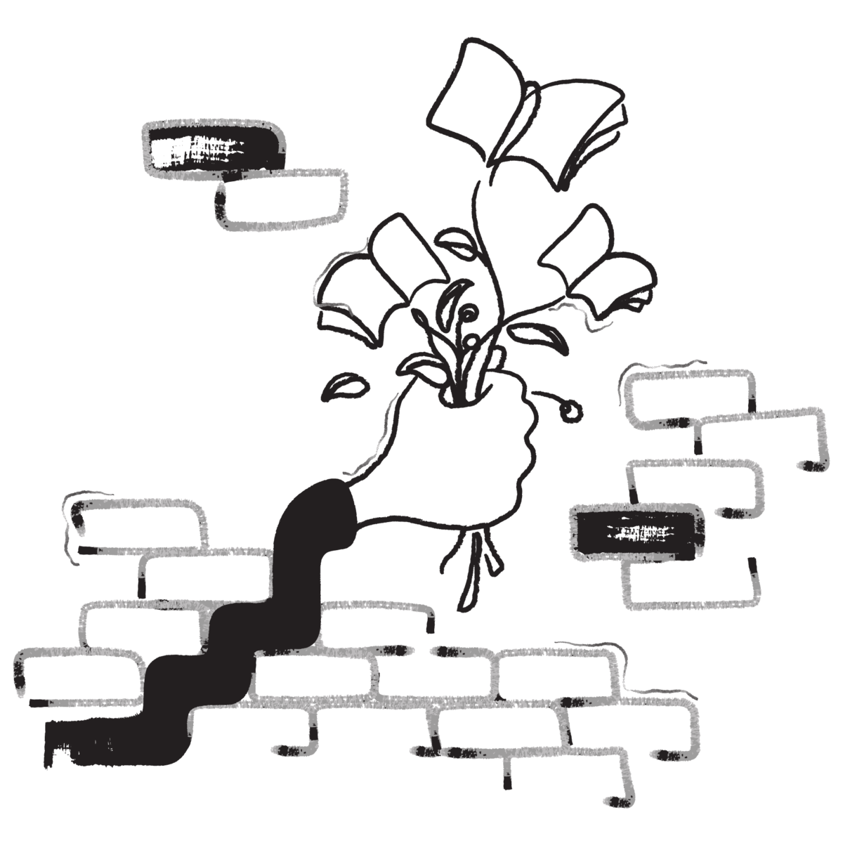 An image of a hand grasping what looks like flowers, but which are actually books