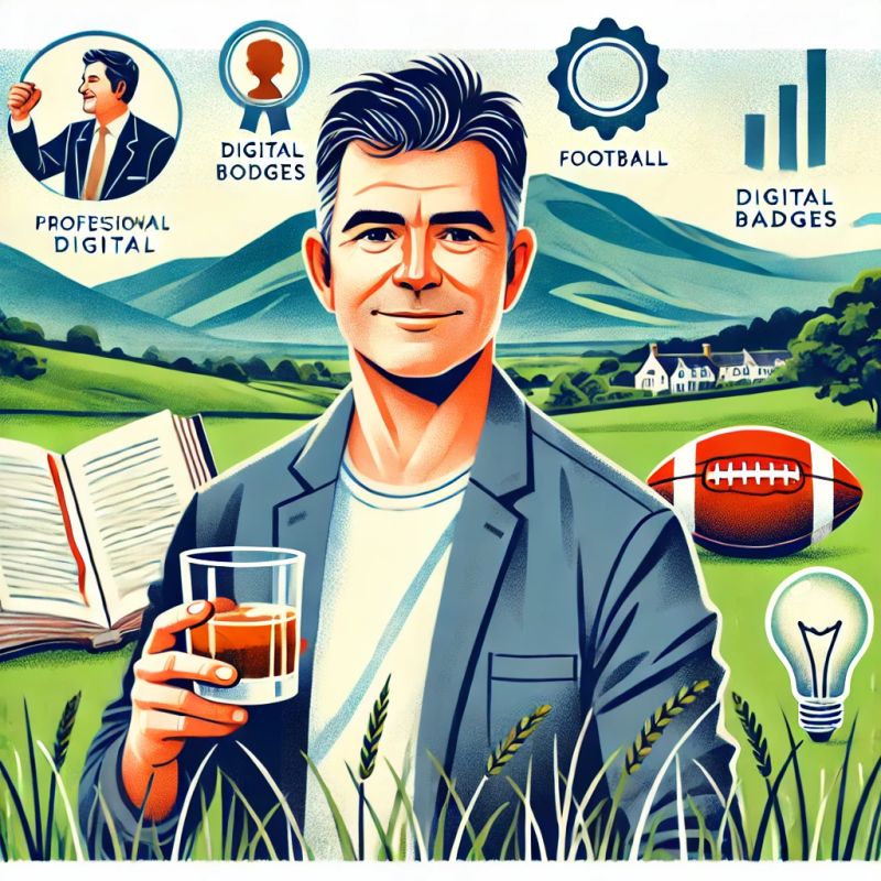 This AI-generated image is an illustrated portrait of a man in a scenic outdoor setting. He stands in the foreground holding a glass with a brown liquid. He has short, dark hair and wears a gray suit jacket over a white shirt. Behind him stretches a lush green landscape with rolling hills and a small village. Various items are depicted around the man: an open book with visible pages, an American football, and a lightbulb. Above him are circular icons including a figure labeled "Profesional Digital," a silhouette labeled "Digital Bodges," a gear marked "Football," and bar charts labeled "Digital Badges."
